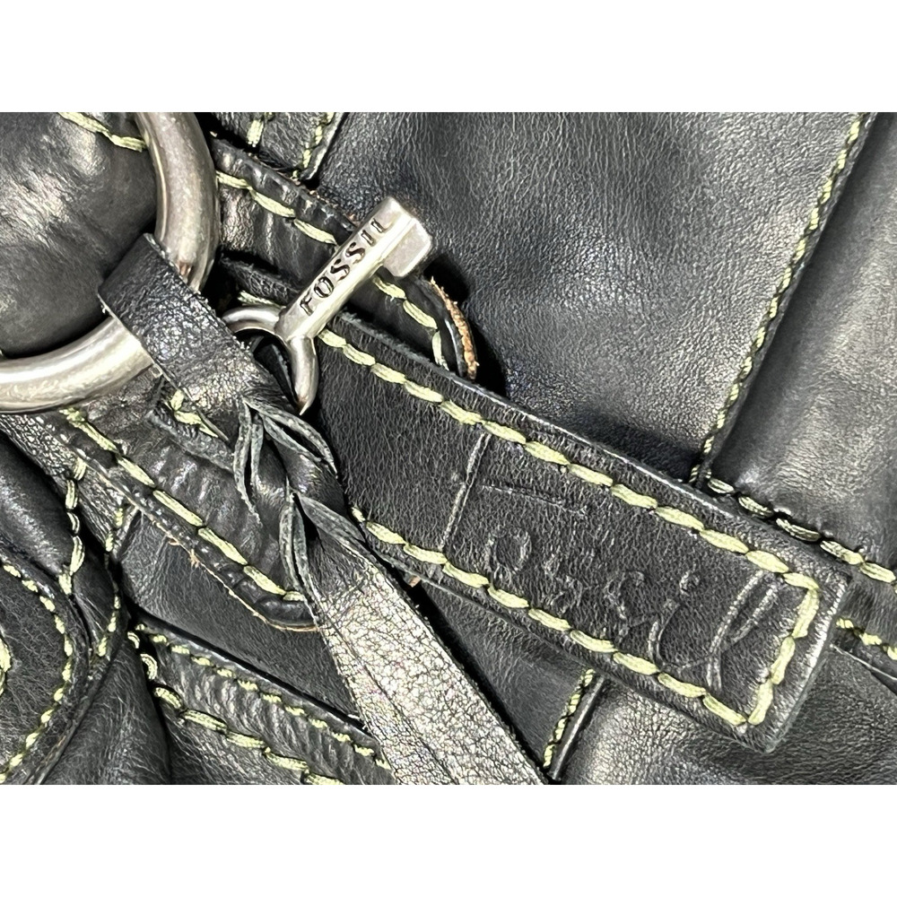 Fossil Leather Handbag Shoulder Tote Bag Black Large Braided Straps Key Charm - Picture 5 of 16